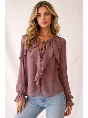 MELLODAY Ruffle Puff Long Sleeve Top Size L Sheer Pirate Bohemian Hippie